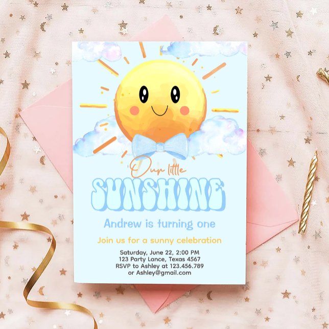 Our Little Sunshine Cute Blue Boy Birthday Party Invitation (Creator Uploaded)
