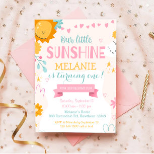 Our Little Sunshine Cute Pink Girl First Birthday Invitation