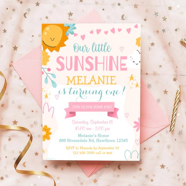 Our Little Sunshine Cute Pink Girl First Birthday Invitation (Creator Uploaded)
