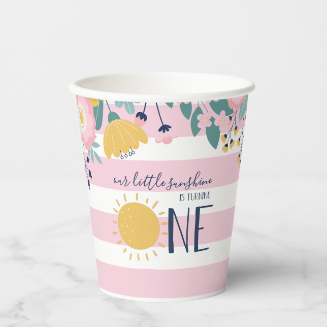 Our Little Sunshine Floral, Pink Stripe Birthday Paper Cups (Front)