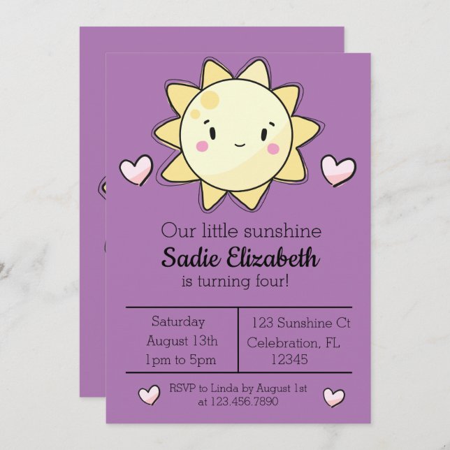 Our Little Sunshine Girl PurpleBirthday Invitation (Front/Back)