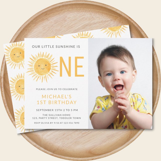 Our Little Sunshine Is One 1st Birthday Boy Photo Invitation (Creator Uploaded)