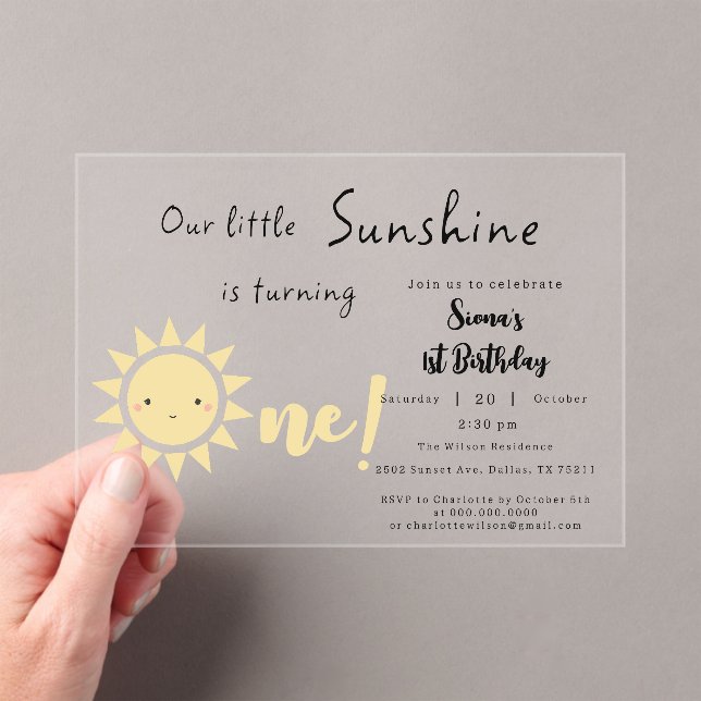 Our Little Sunshine is Turning One Cute Birthday Acrylic Invitations (Insitu (Handheld))