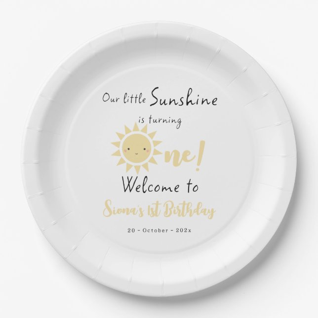 Our Little Sunshine is Turning One Cute Birthday Paper Plate (Front)