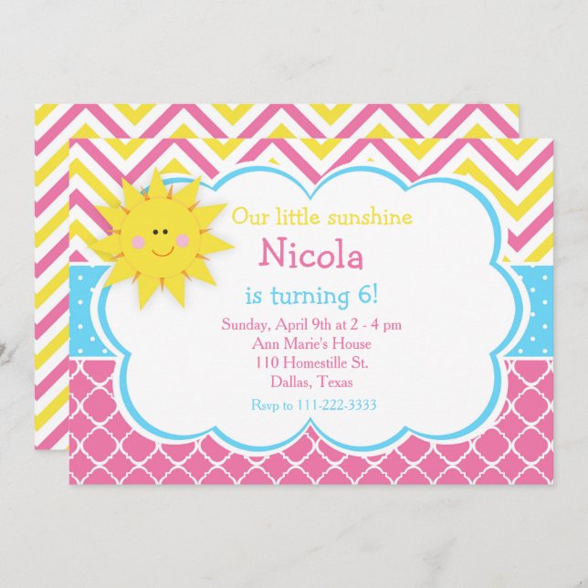 Our little Sunshine Pink and Yellow Birthday Party Invitation (Front/Back)