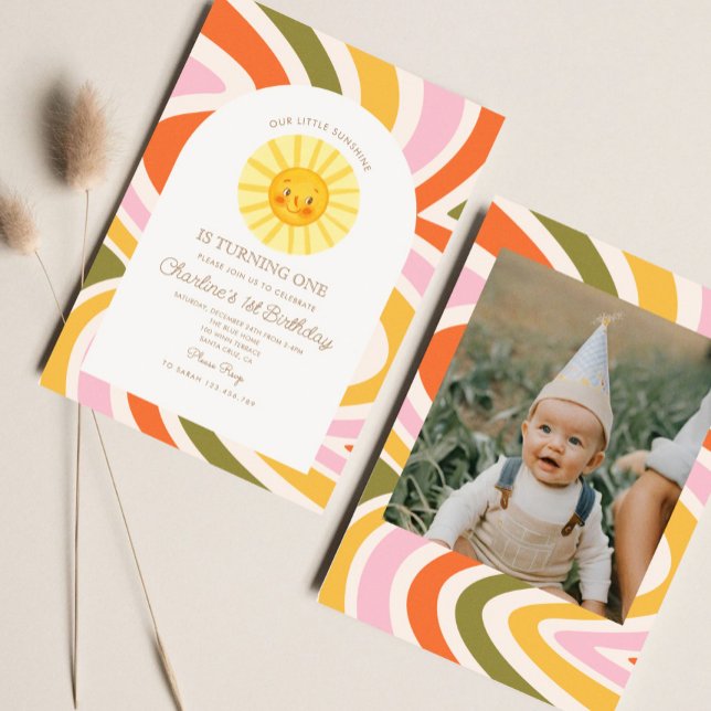 Our Little Sunshine Sun Retro Minimal 1st Birthday Invitation (Creator Uploaded)