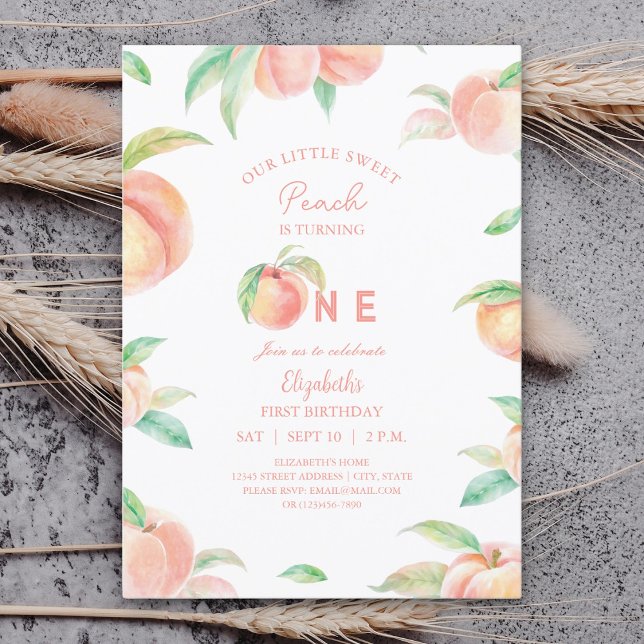 Our Little Sweet Peach is One Baby First Birthday Invitation (Creator Uploaded)