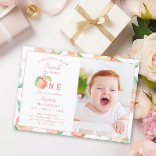 Our Little Sweet Peach is One Birthday Baby Photo Invitation