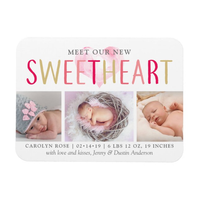 Our Little Sweetheart 3 Photo Birth Announcement Magnet (Horizontal)