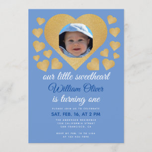 Our Little Sweetheart Boy Blue Gold Heart Birthday Invitation