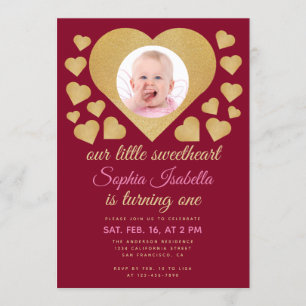 Our Little Sweetheart Burgundy Gold Heart Birthday Invitation
