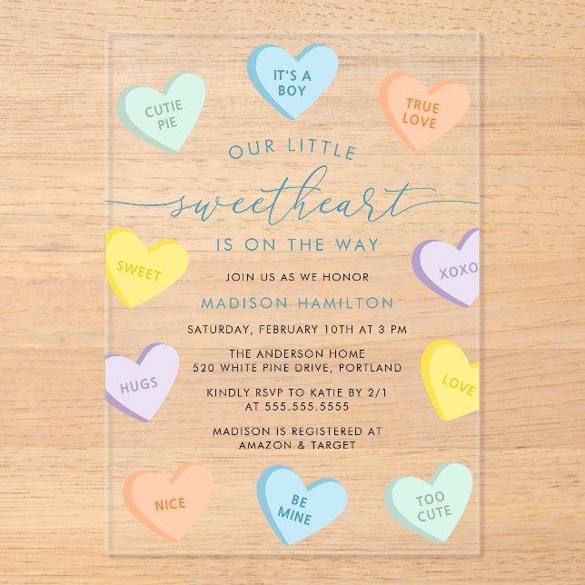 Our Little Sweetheart Candy Hearts Baby Shower Acrylic Invitations (Front)