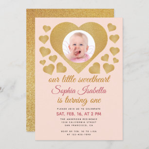 Our Little Sweetheart Gold Pink Photo 1st Birthday Invitation
