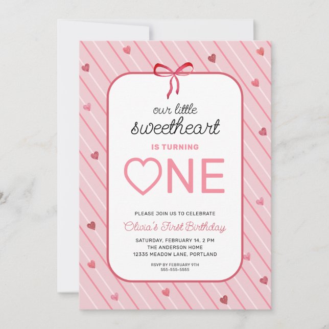 Our Little Sweetheart Is One Hearts Bows Birthday Invitation (Front)