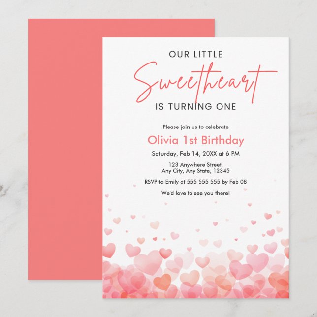 Our Little Sweetheart is Turning One 1st Birthday  Invitation (Front/Back)