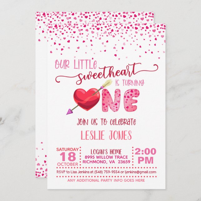 Our Little Sweetheart is Turning ONE - WH Invitation (Front/Back)