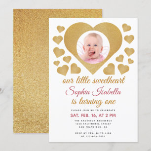 Our Little Sweetheart Photo Gold Heart Birthday Invitation