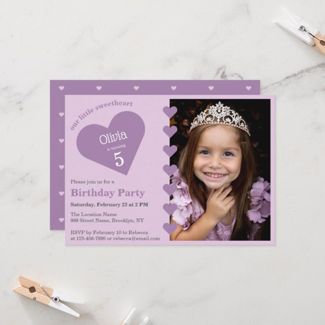 Our Little Sweetheart Photo Purple Hearts Birthday Invitation (Front/Back In Situ)