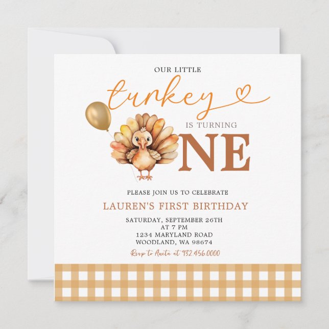 Our Little Turkey Brown Gingham Fall 1st Birthday Invitation (Front)