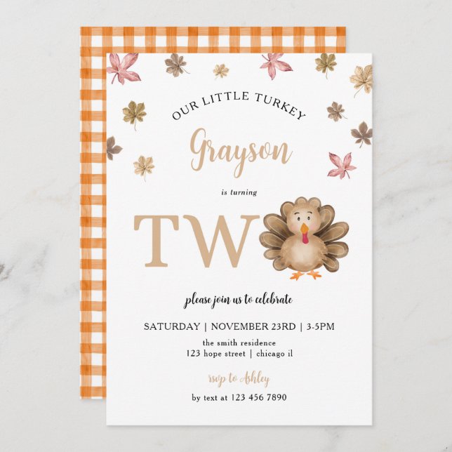 Our Little Turkey Fall Thanksgiving 2nd Birthday Invitation (Front/Back)