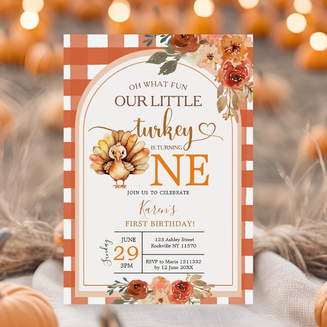 Our Little Turkey Gingham Wildflower 1st Birthday Invitation (Creator Uploaded)