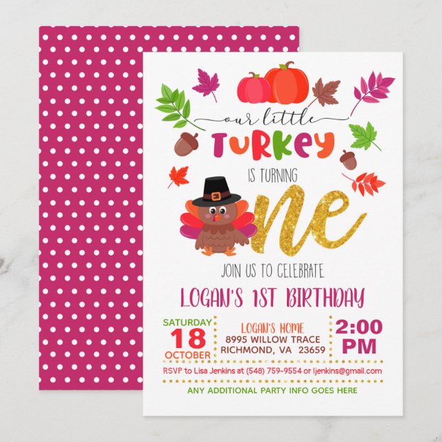 Our Little Turkey is Turning One - Girl - FD Invitation (Front/Back)