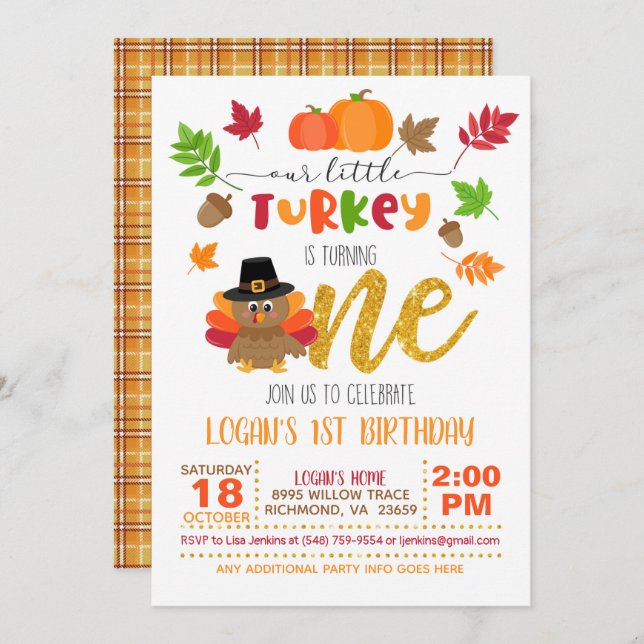 Our Little Turkey is Turning ONE Invitation - WP (Front/Back)