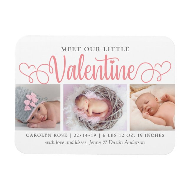 Our Little Valentine 3 Photo Birth Announcement Magnet (Horizontal)