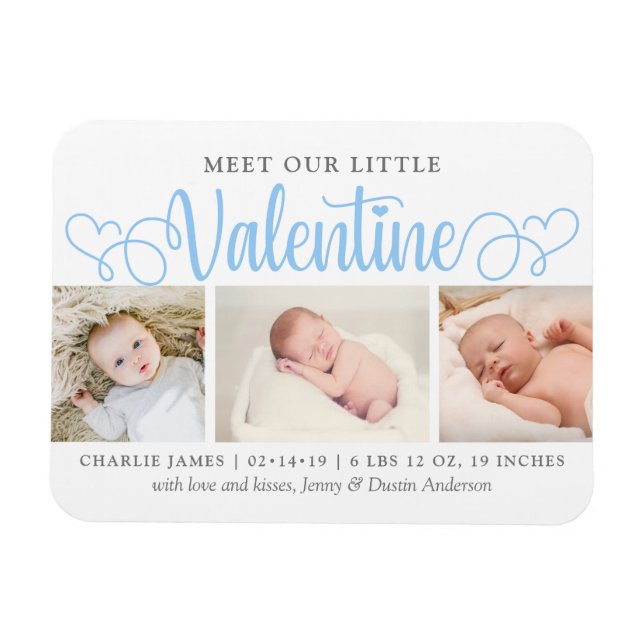 Our Little Valentine 3 Photo Birth Announcement Magnet (Horizontal)