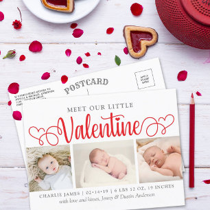 Our Little Valentine 3 Photo Birth Announcement Postcard