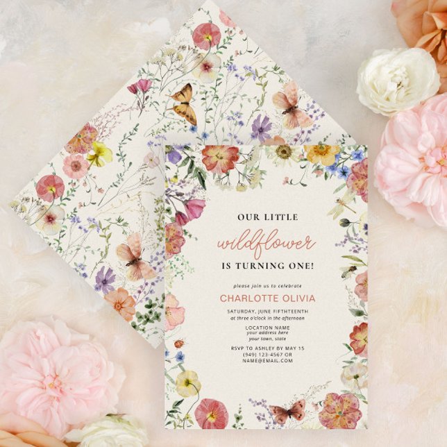 Our Little Wildflower 1st Birthday Pressed Flowers Invitation (Easily personalize this sweet baby's first birthday invitation with your unique details.)