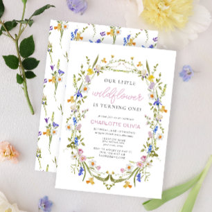 Our Little Wildflower Pink Watercolor 1st Birthday Invitation