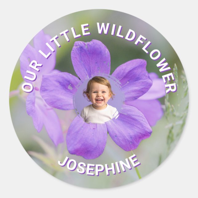 Our Little Wildflower Purple Floral Custom Photo Classic Round Sticker (Front)