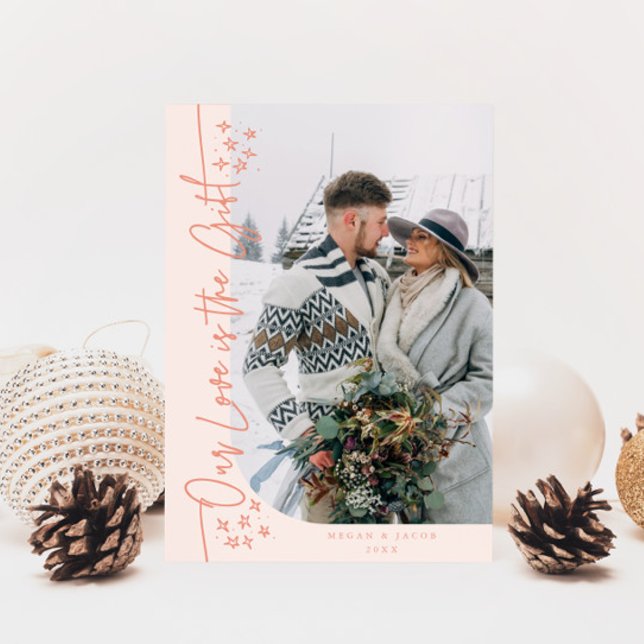 Our Love Gift Christmas Newlywed Photo Peach Holiday Card (Creator Uploaded)