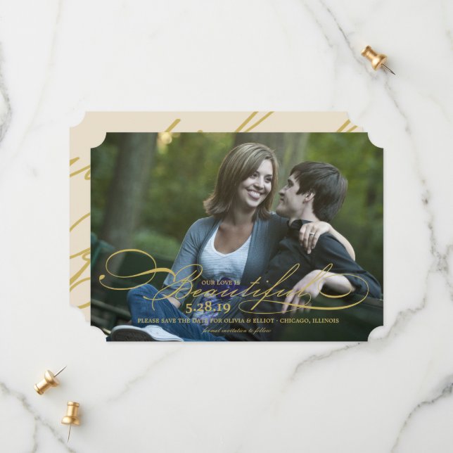 Our Love Is Beautiful Modern Romantic Script Photo Save The Date (Front/Back In Situ)