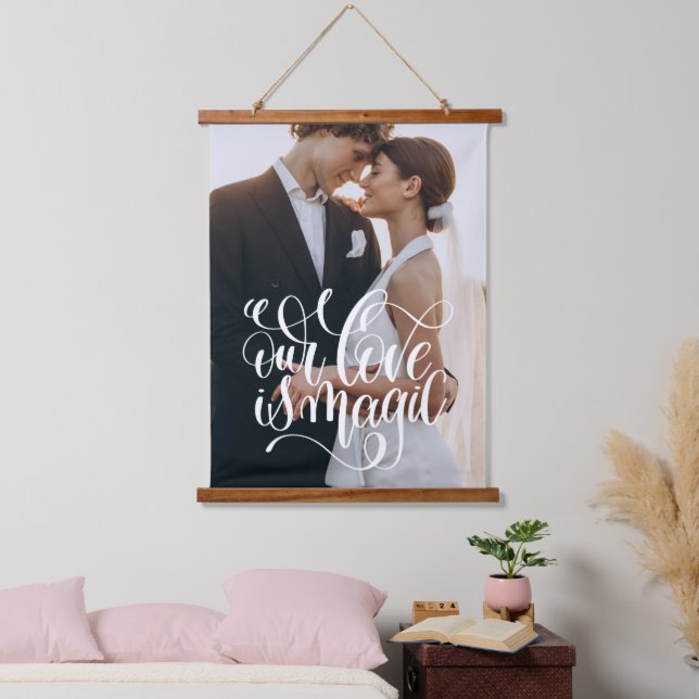 OUR LOVE IS MAGIC Wedding Couple Photo Stylish Hanging Tapestry (Bedroom)