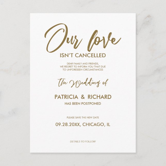 Our Love Isn’t Cancelled Wedding Postponement Postcard (Front)