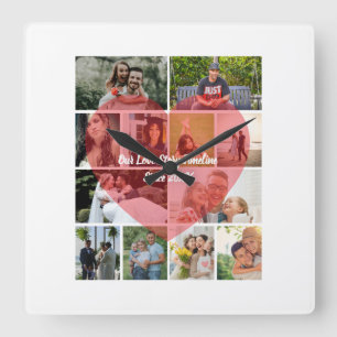 Our Love Story 12 Photo Timeline Couple Collage Square Wall Clock