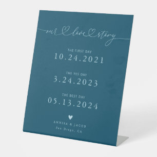 Our Love Story Hearts Teal Wedding Timeline Pedestal Sign