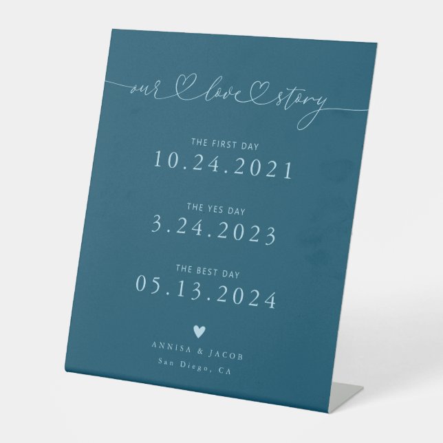 Our Love Story Hearts Teal Wedding Timeline Pedestal Sign (Front)