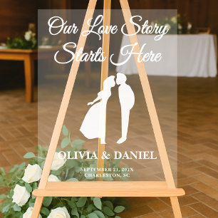 Our Love Story Starts Here Wedding Welcome Acrylic Sign