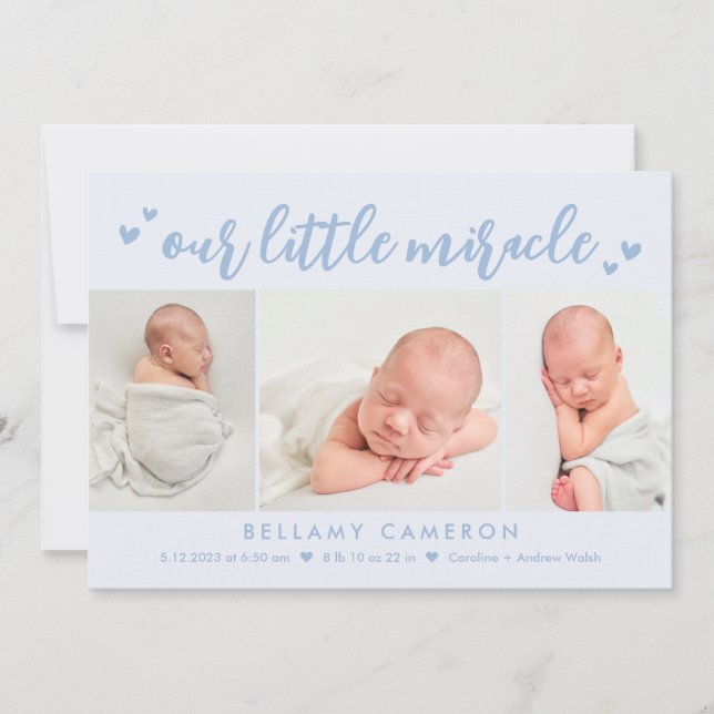 Our Miracle Editable Colour Baby Birth Announcemen Holiday Card (Front)