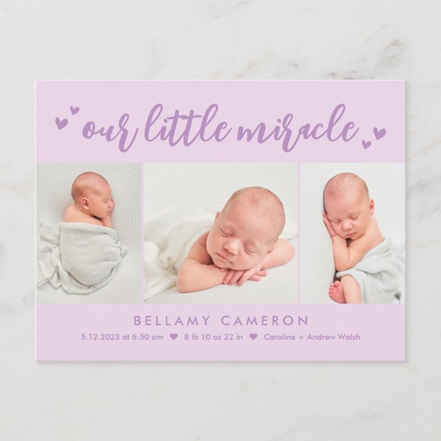 Our Miracle Editable Colour Baby Birth Announcemen Postcard (Front)