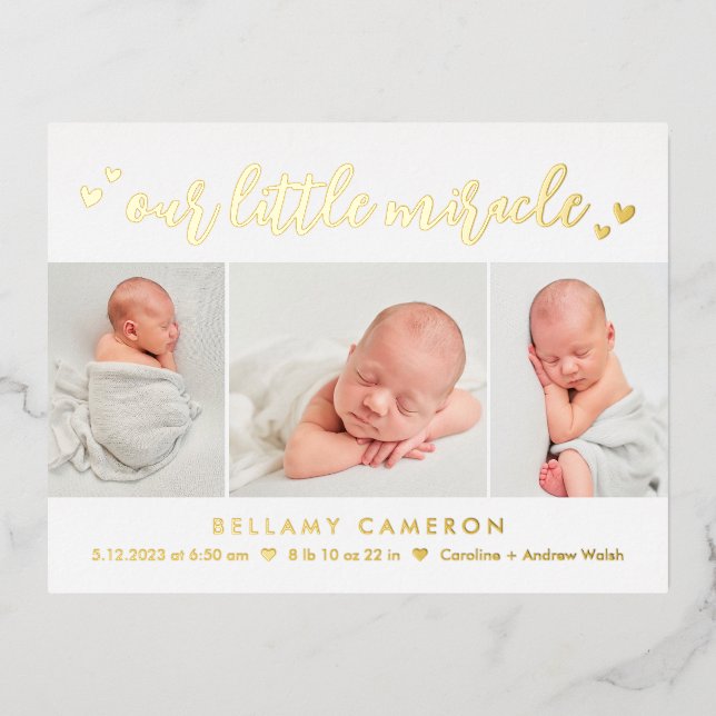 Our Miracle Foil Baby Birth Announcement Postcard (Front)