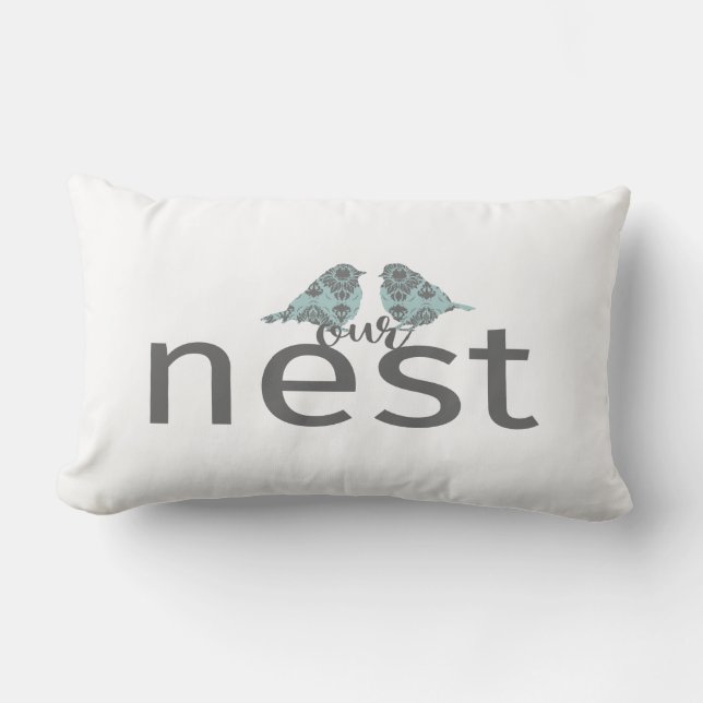 Our Nest Grey & Blue With Two Birds Lumbar Cushion (Front)