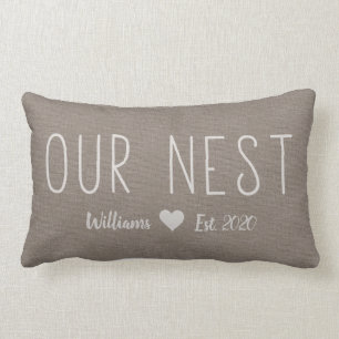 Our Nest Name Est. Rustic Linen Personalised Lumbar Cushion