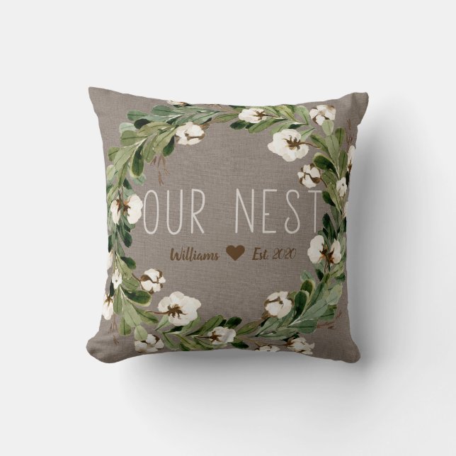 Our Nest Name Natural Personalised Cotton Wreath Cushion (Front)