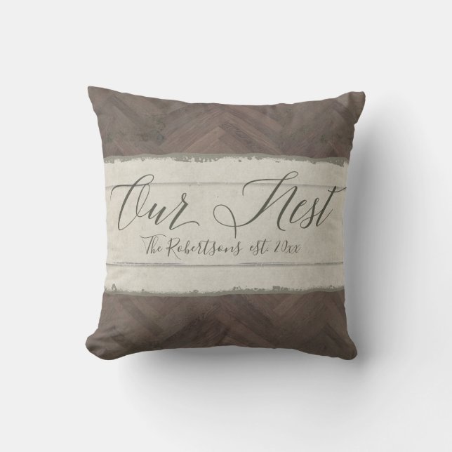 Our Nest Script Modern Farmhouse Wood Family Name Cushion (Front)