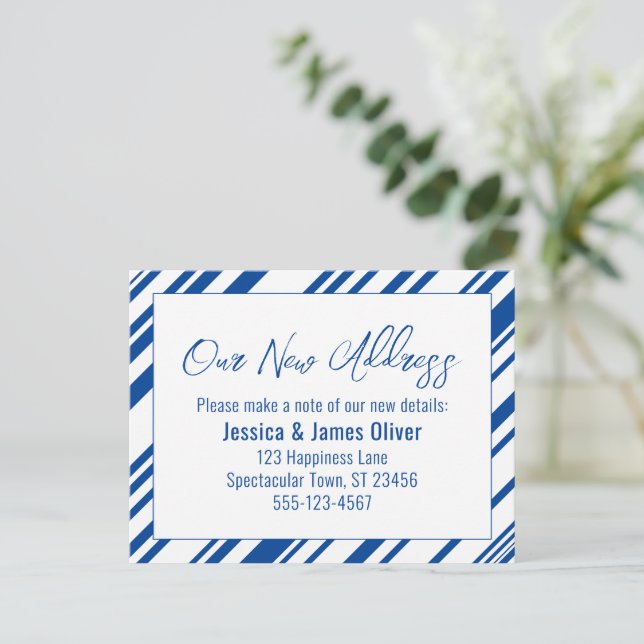 Our New Address Blue & White Diagonal Stripes Postcard (Standing Front)