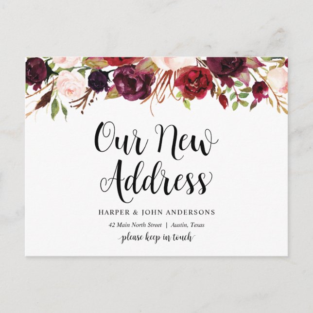 Our New Address, burgundy floral, Announcement Postcard (Front)